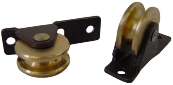 0.75" Guide Pulley, Brass Wheel, Brown Frame